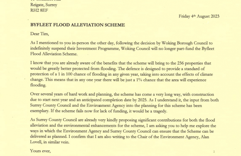 Jonathan Lord MP's letter to Surrey County Council and the Environment Agency