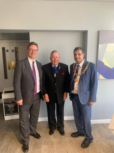 Jonathan Lord MP with Mayor of Woking, Cllr Saj Hussain and Vice Chairman, Surrey, Royal British Legion, John Kingsbury 