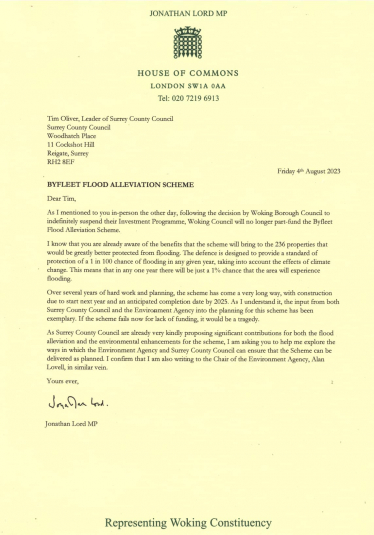 Jonathan Lord MP's letter to Surrey County Council and the Environment Agency